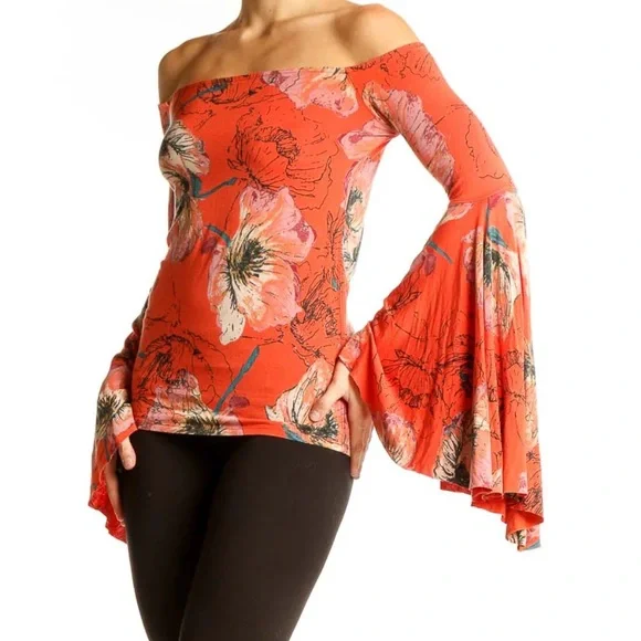 FREE PEOPLE WE THE FREE ORANGE FLORAL OFF THE SHOULDER BELL SLEEVE FITTED TOP - Picture 15 of 15